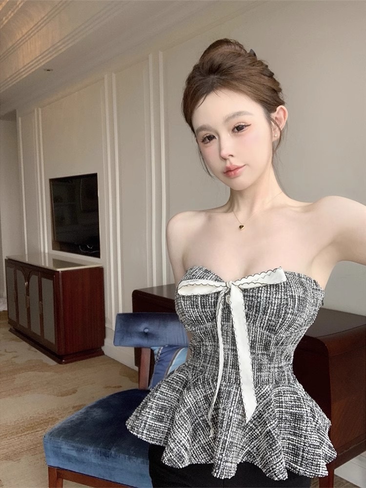 小香風掛脖吊帶背心女外穿夏季純欲甜辣妹性感抹胸上衣裹胸娃娃衫