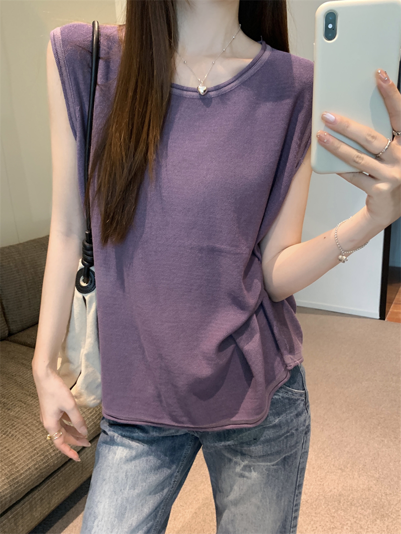 Real photo Real new summer ice silk sweater round neck sleeveless vest lazy loose top