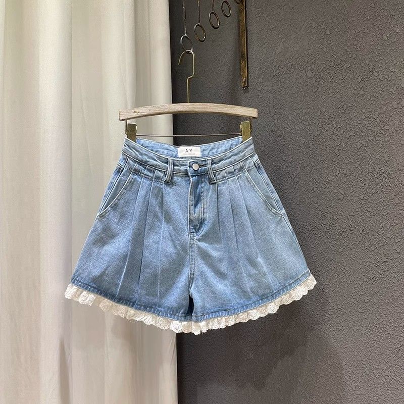 New summer loose and versatile high-waisted lace denim shorts for women pleated A-line wide-leg hot pants