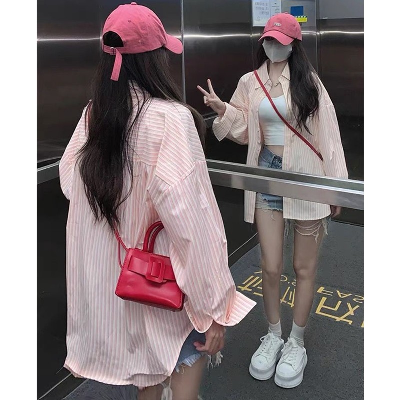 非實拍 粉色條紋襯衫女長袖夏季防曬寬鬆設計感小眾休閒襯衣