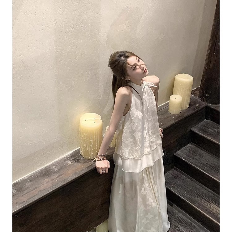 新中式國風旗袍清冷感禪意穿搭一整套掛脖上衣半身裙子套裝女夏季