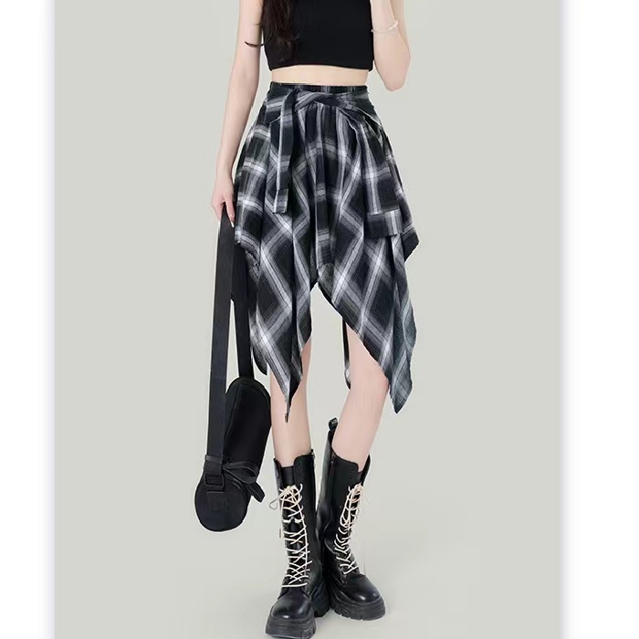 Irregular strap skirt for women 2025 summer design niche plaid a line short skirt