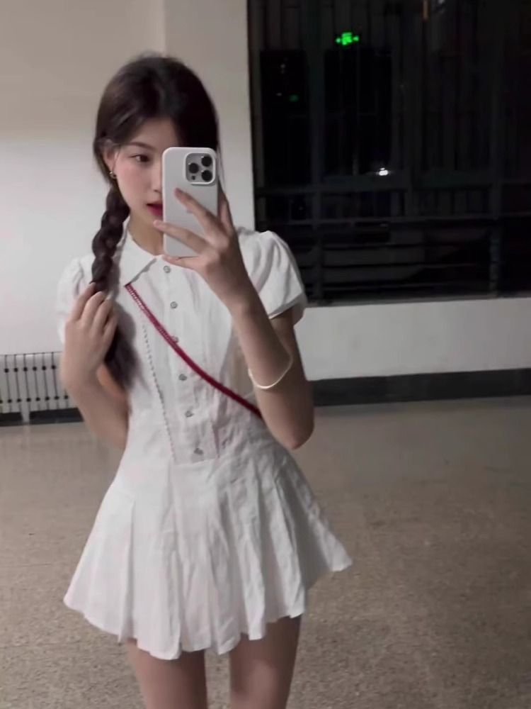 College style white shirt dress women's clothing 2025 new summer small pleated skirt suit wear