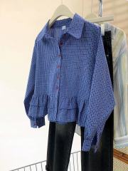 Blue plaid ruffle long sleeve shirt for women in spring 2025 new design small shirt short top