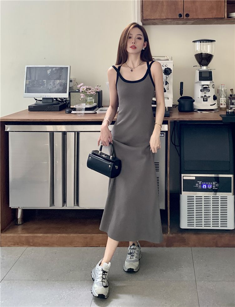 Tmall quality contrasting color backless knitted suspender dress Korean new style summer waist-closing and slimming medium-length style