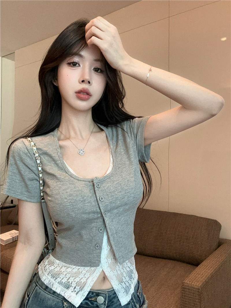 實拍~新款甜美短款小個子正肩蕾絲花邊假兩件短袖t恤上衣女