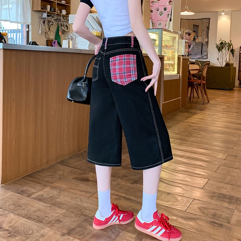 Real shot ~ American retro plaid spliced ​​jeans cropped pants women's street loose mid-trousers black shorts