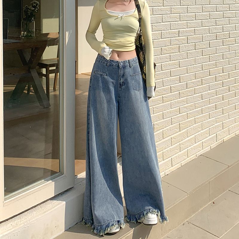 Commuting personality breasted wide-leg jeans for women in spring and autumn new style washable loose and lazy floor jeans