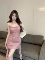 實拍~純欲辣妹風設計感小個子吊帶流蘇荷葉邊吊帶連衣裙女