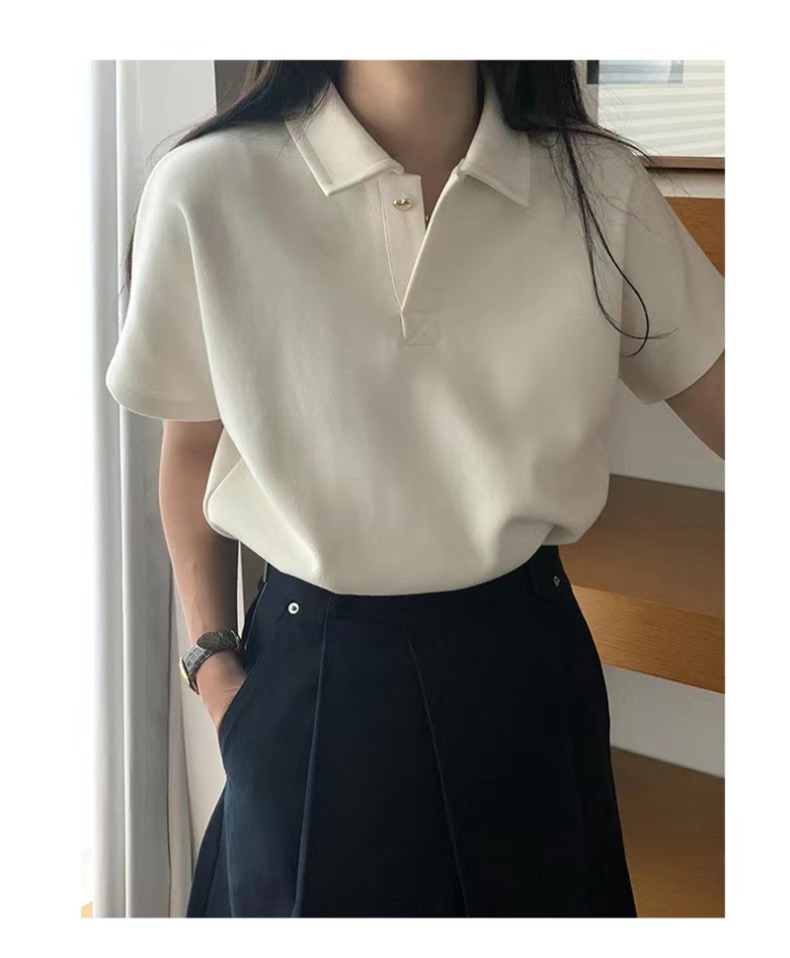 Official picture chic summer French niche POLO collar metal love button loose casual versatile short-sleeved T-shirt for women