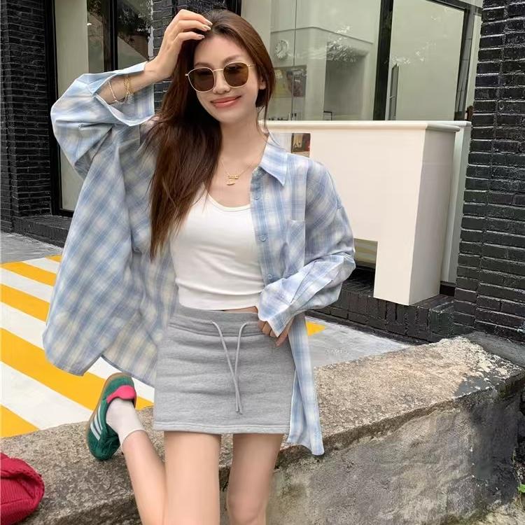 Niche blue plaid shirt long sleeve commuting spring and summer sun protection jacket loose casual Korean versatile design shirt for women