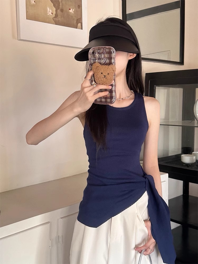 設計感綁帶針織吊帶背心女夏季辣妹修身百搭白色緊身上衣新款韓系