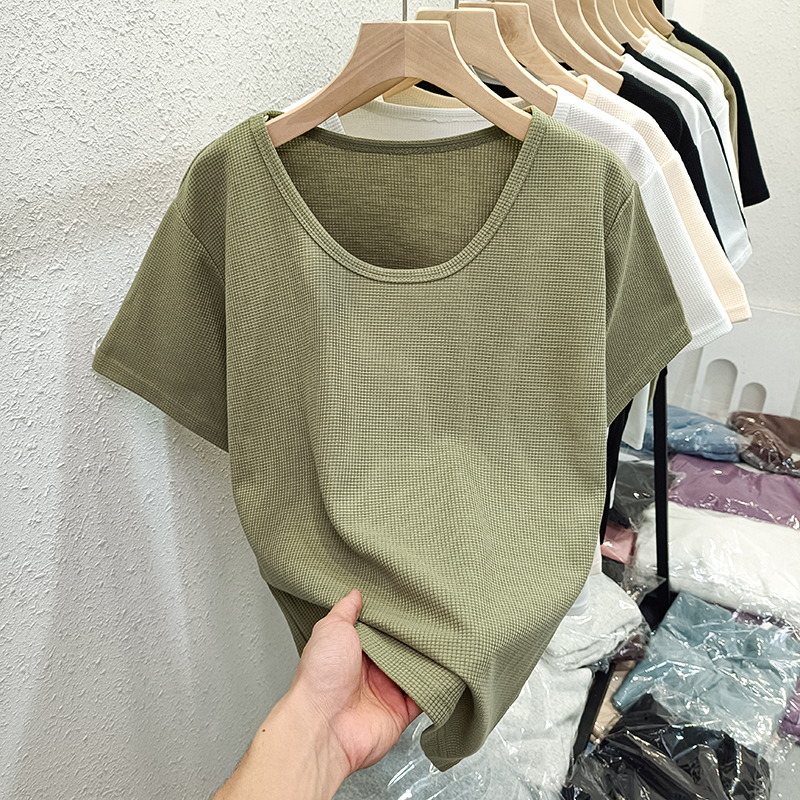 Real shot of 6535 cotton waffle V-neck short-sleeved T-shirt for women