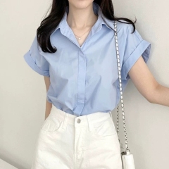 Korean chic summer temperament casual, simple and fashionable versatile concealed button design lapel rolled short-sleeved shirt top