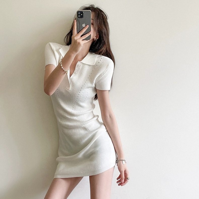 Hjy's temperament Polo collar, short-sleeved dress for women, new summer 2025 style, waist-closing and slimming design, hollow