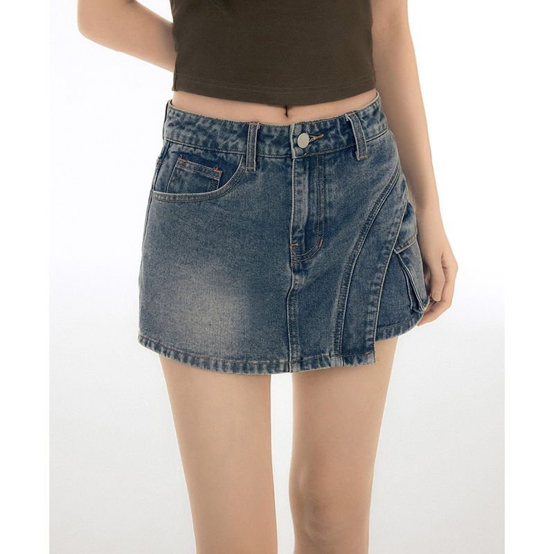 Commuting versatile personality denim high-waist short skirt for women in spring and summer new slim irregular A-line skirt ins skirt pants