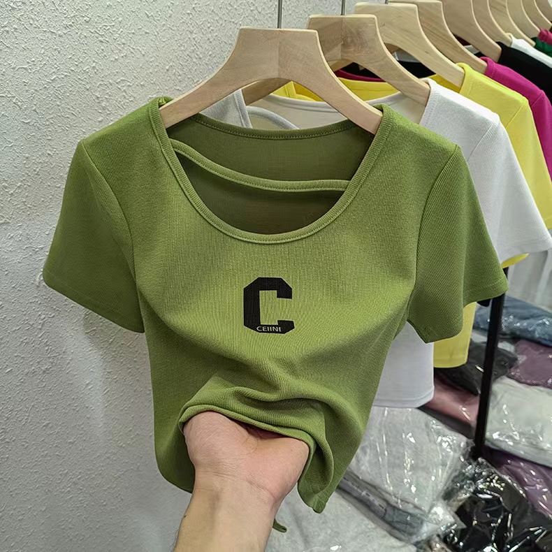 Real photo of irregular short-sleeved T-shirt for women in summer slim top