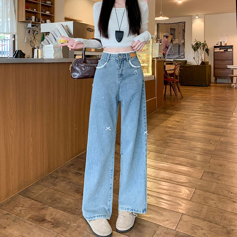 Real shot~ Lace spliced ​​bow jeans for women in spring design high waist straight loose wide-leg pants
