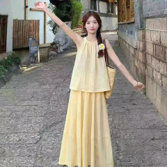 Korean summer fashion suit skirt for women new temperament slimming neck hanger slimming skirt fashionable two-piece set