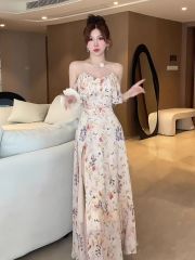 French ruffled slit floral suspender dress for women in summer new style waist-hugging pure seaside vacation long skirt