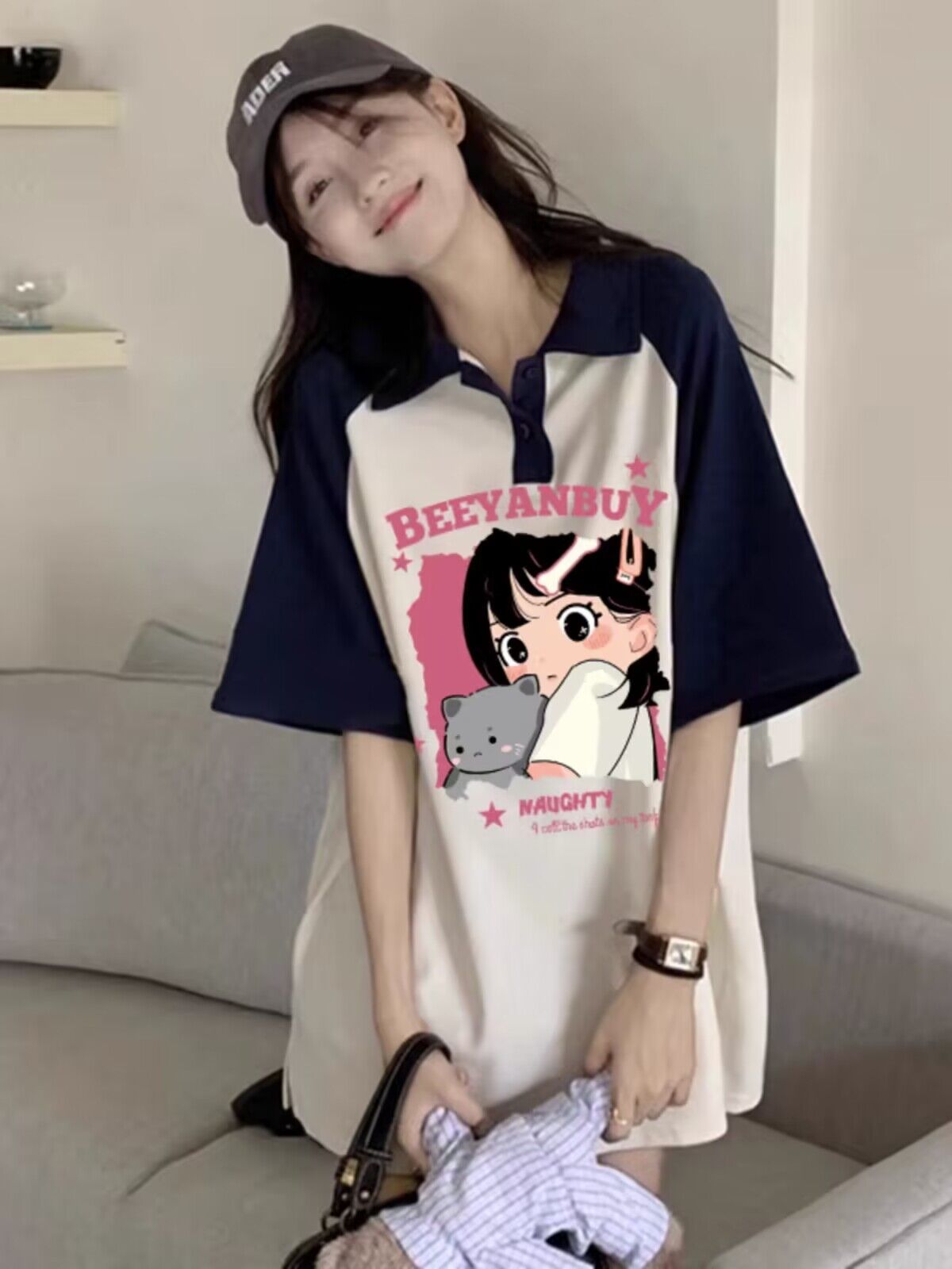 純棉 polo領寬鬆顯瘦t恤女夏季oversize短袖洋氣減齡別致情侶上衣