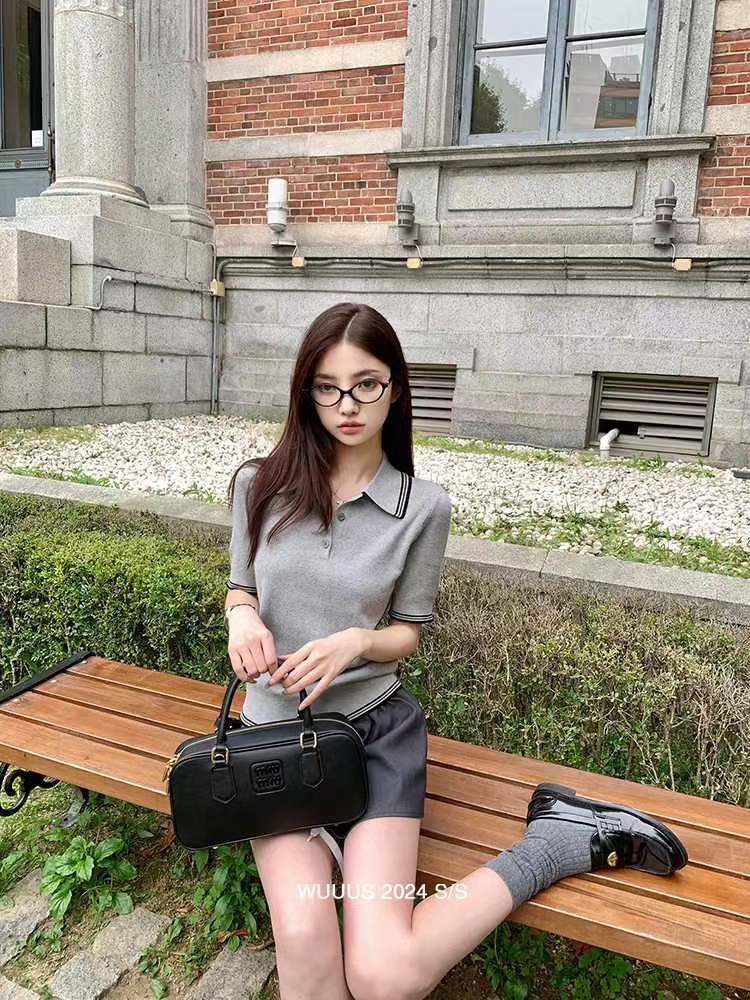 2025 spring and summer miu girls Polo shirt knitted lapel top women wool short-sleeved sports style