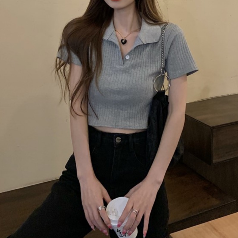 正肩短袖t恤女夏季灰色辣妹露臍polo衫v領修身顯瘦冰絲薄短款上衣