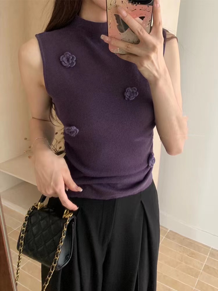 Purple slim three-dimensional flower sleeveless sweater for women with high-end slim vest underwear