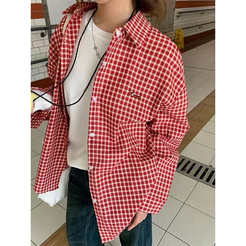 American Ins Style Daffodil Puppy Plaid Shirt Women's Spring and Summer Retro Red Loose Long Sleeve Sunscreen Shirt Coat