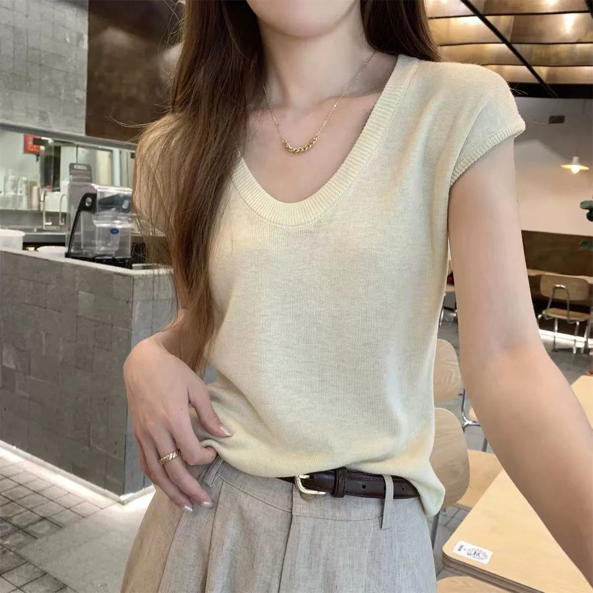 Six wool small flying sleeves U-neck wool knitted short sleeves for women summer thin new solid color T-shirt top loose