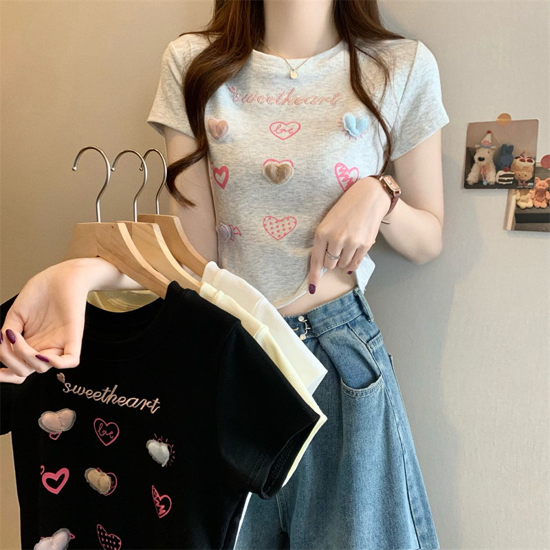 Real shot of the new Korean style design and love three-dimensional decorative printed short-sleeved T-shirt
