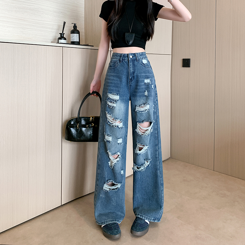 Real shot ~ American high street wide-leg ripped jeans for women in summer retro high waist straight loose trousers