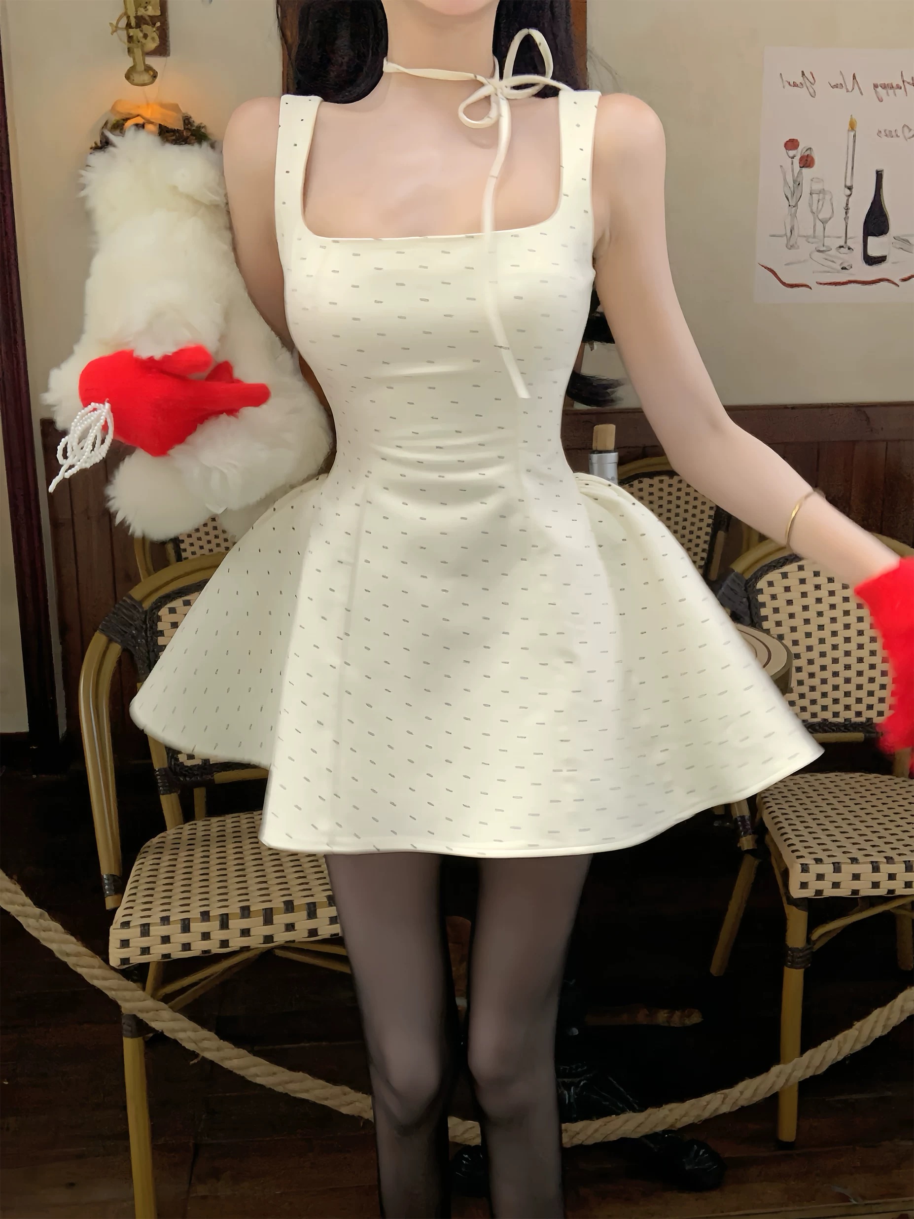 Xiang Swaner French dress for women 2025 spring and autumn new polka dot square collar suspender skirt A-line dress