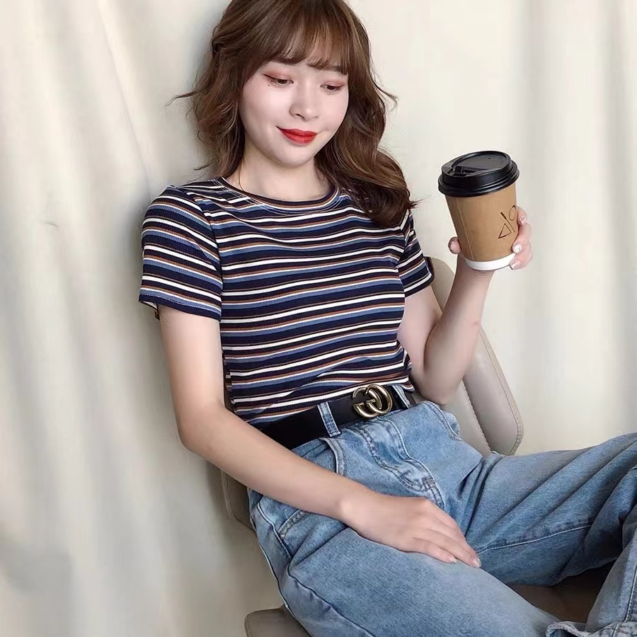 Threaded ice silk striped short-sleeved T-shirt for women 2025 new summer square collar collar short top