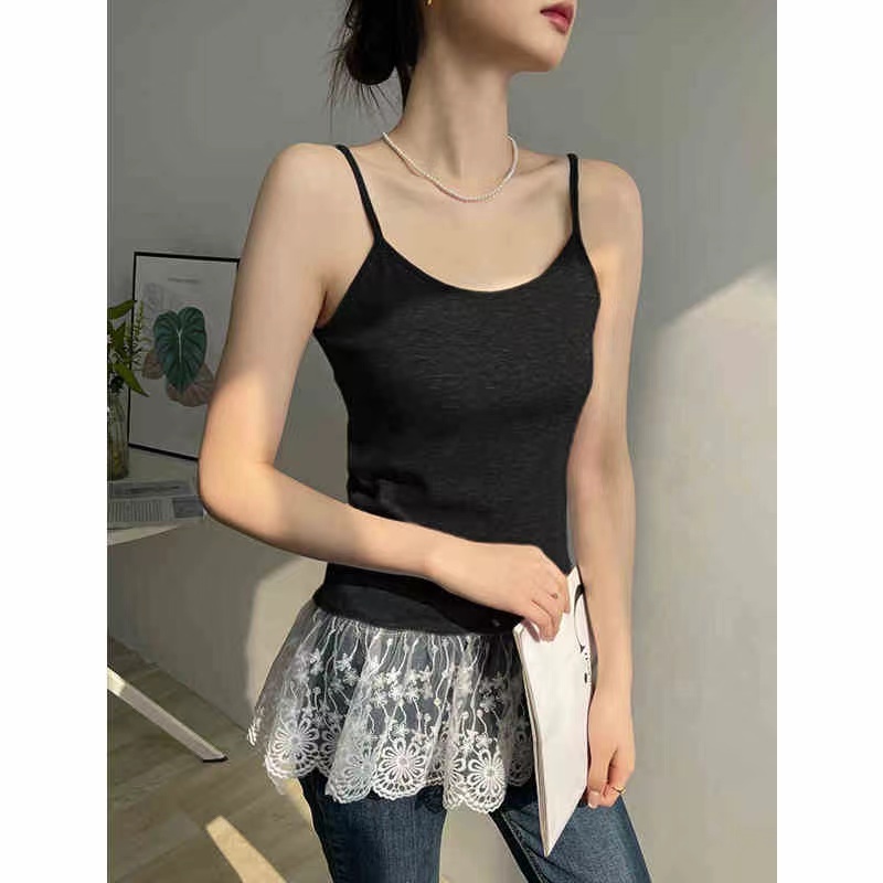 Black layered lace suspender vest for women with spring and summer sleeveless bottoming outside slim bodysuit 2025 new style
