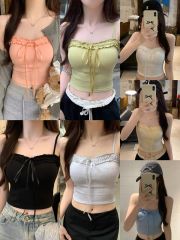 純棉設計感蝴蝶結吊帶背心女裝短款帶胸墊修身顯瘦百搭上衣女