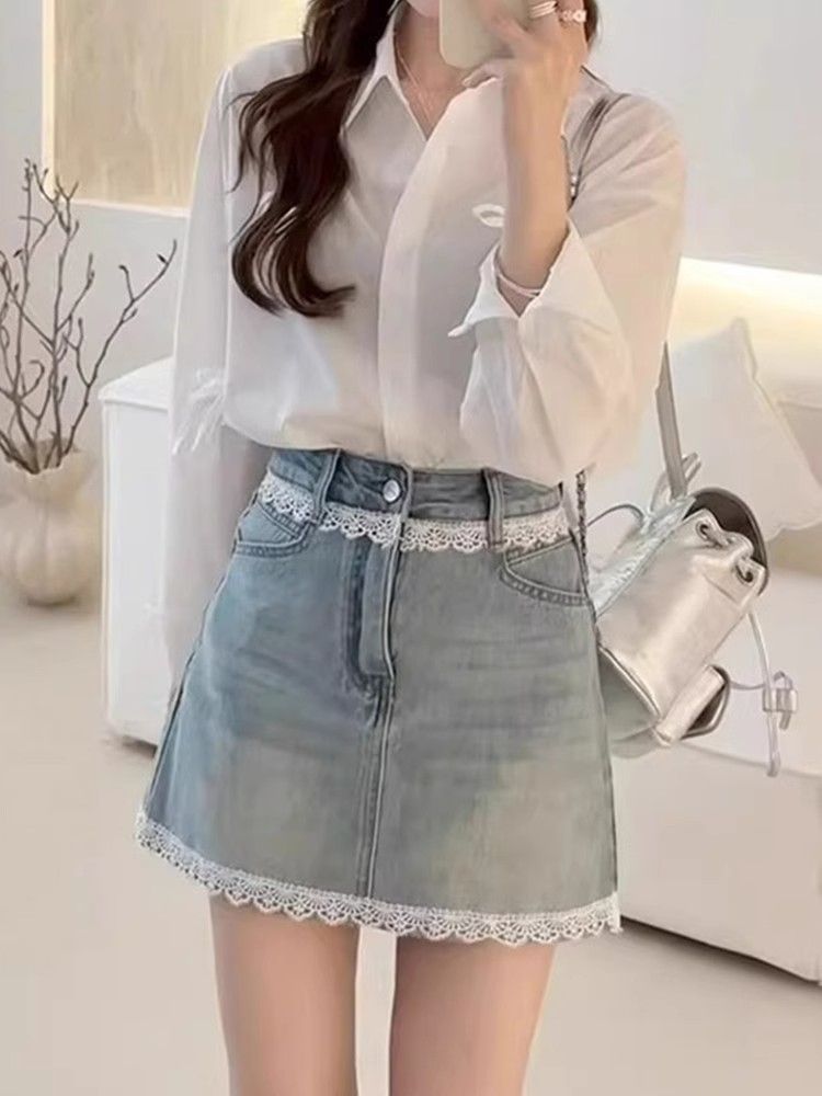 Lace lace denim skirt for women in summer new high-waisted slim A-line short skirt for small hip-pack skirt