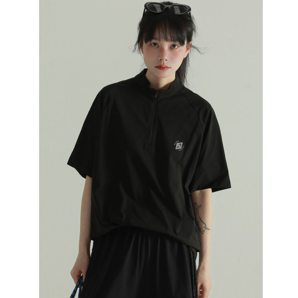 190g quick-drying fabric reflective half zipper stand collar short-sleeved T-shirt ice silk cool feeling sports couple half-sleeved men and women summer