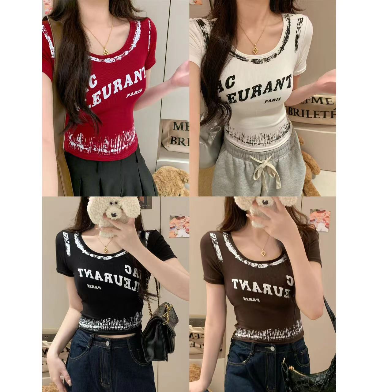 Pure and sexy hot girl's personalized brushed letter printing round tie chest pad T-shirt spring and autumn design shoulder pad top women's ins