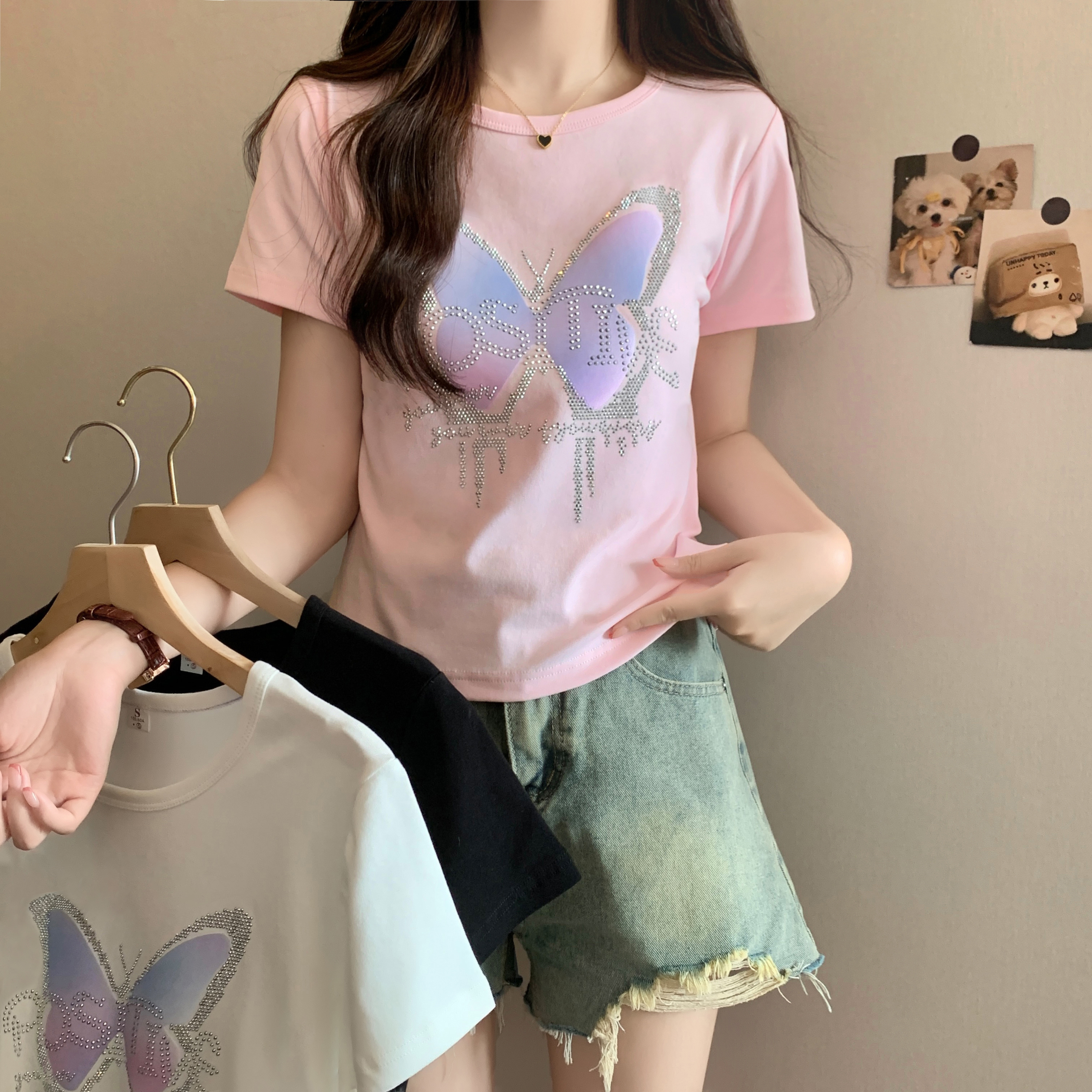 實拍仿棉40支1*1夏季新款重工設計圓領短袖T恤女