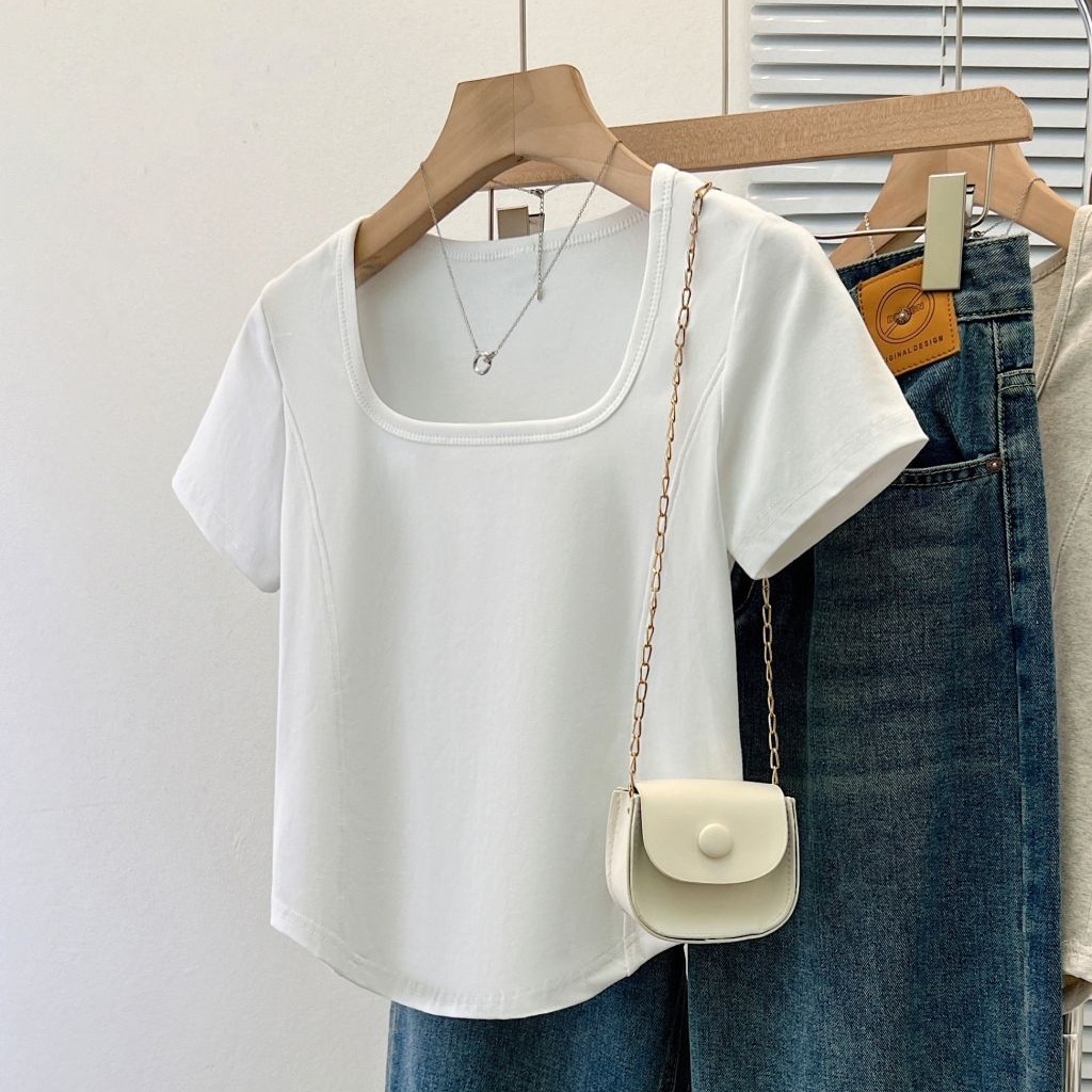 Real shot 40 pure cotton 210g 92 cotton/8 spandex square collar short-sleeved T-shirt for women