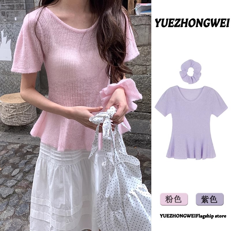 Ice silk short-sleeved sweater for women 2025 summer new design waist-hugging ruffled flower bud top