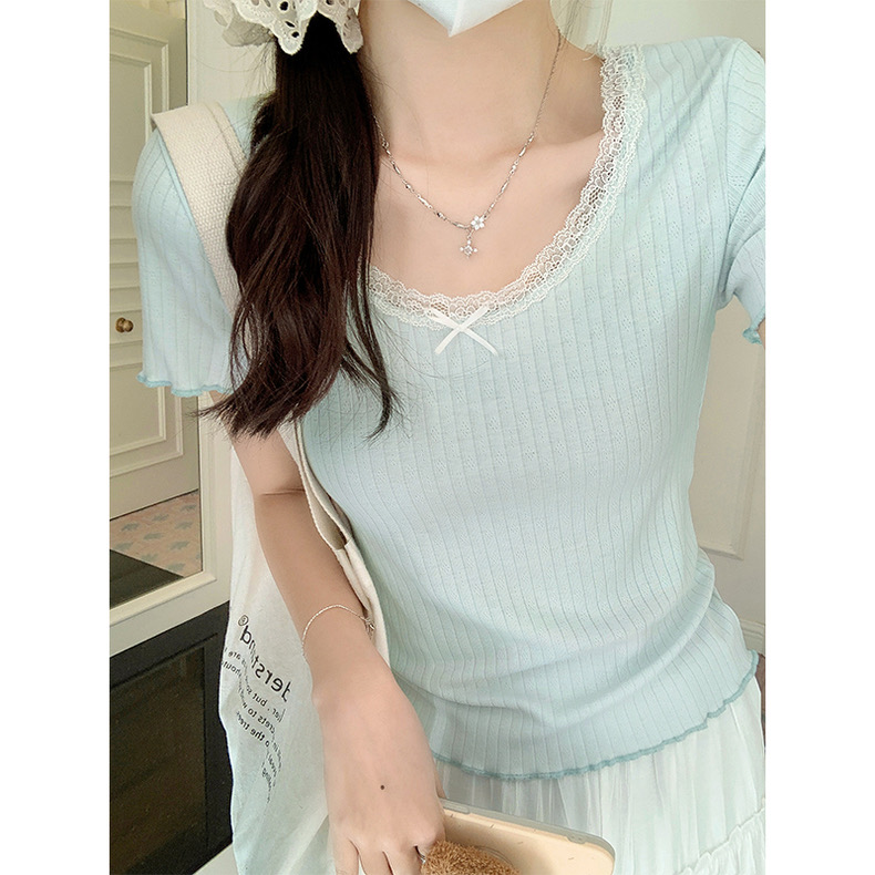 Official pictures of pure and sweet hot girl lace bm short-sleeved T-shirt for women in summer base shirt slim fit inside short beautiful top