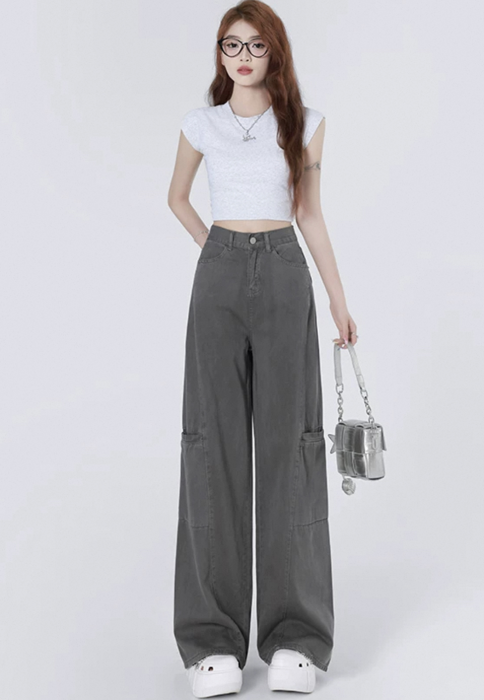 Korean American Gray Work Pants Women's 2025 New Retro High Waist Loose Straight Wide Legs Sliding Denim Jeans