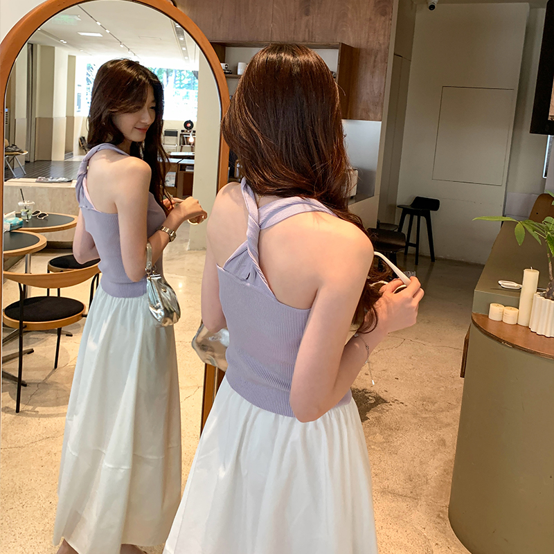 Real photo 2025 spring new Korean design niche off-shoulder pullover knitted sweater women's long-sleeved top