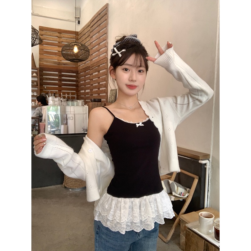 Song Zhengen White Bow Sling Vest Women's Spring Lace Lace Hem Slim-fitting Laminated Inner Top