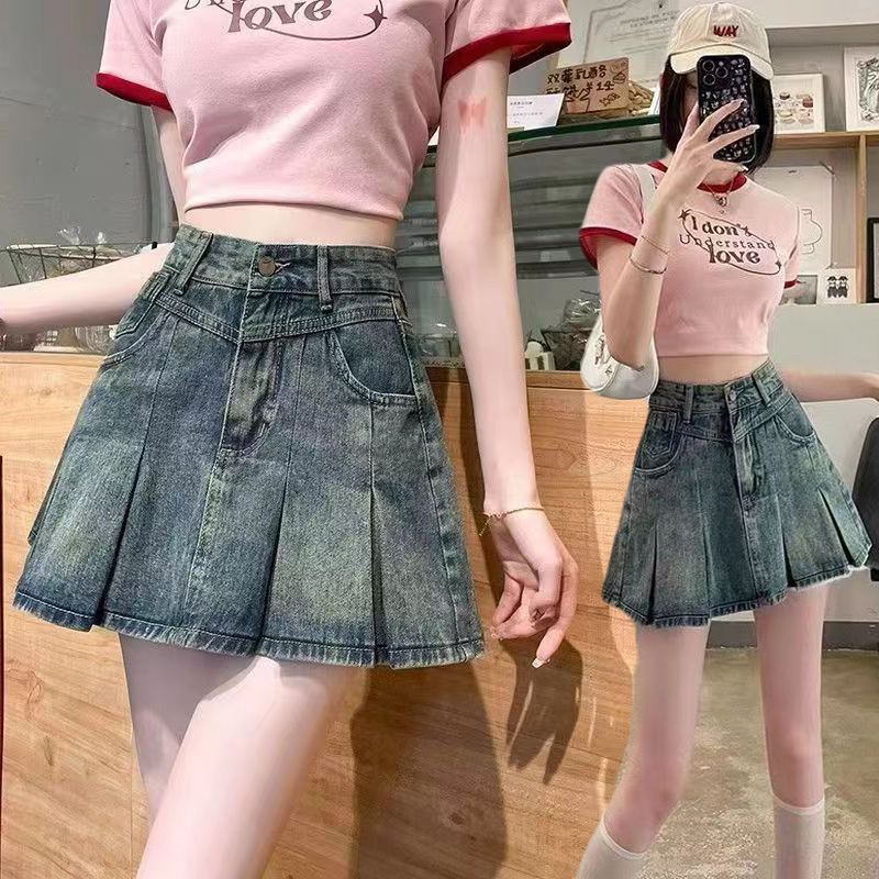Pleated skirt denim short skirt for women in spring and summer 2025 new high-waisted slim hot girl with a small versatile pure and sexy skirt
