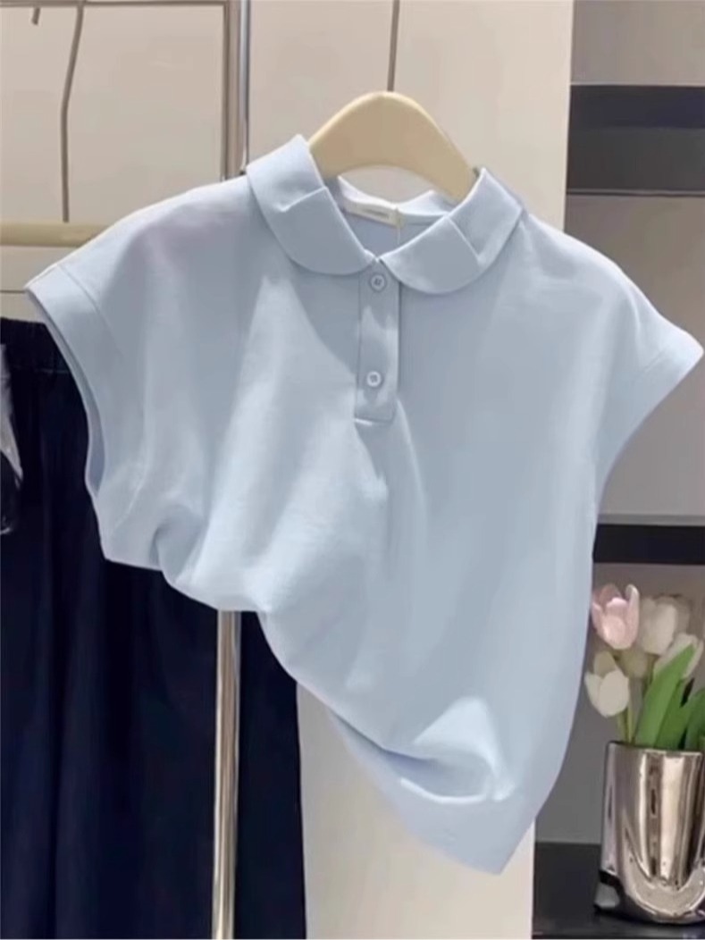 Official photo of pure cotton POLO neck short-sleeved T-shirt for women in summer Korean style, slim and slim and age-reducing Feifeisle sleeve top trendy