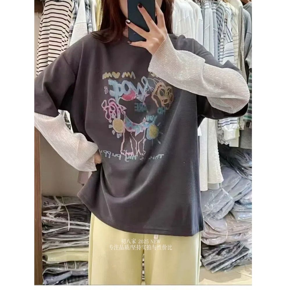 1×1 ice thread fake two-piece graffiti print pullover long-sleeved T-shirt for women spring and summer versatile splicing sleeve top t