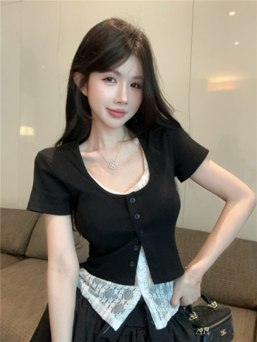 实拍~新款甜美短款小个子正肩蕾丝花边假两件短袖t恤上衣女